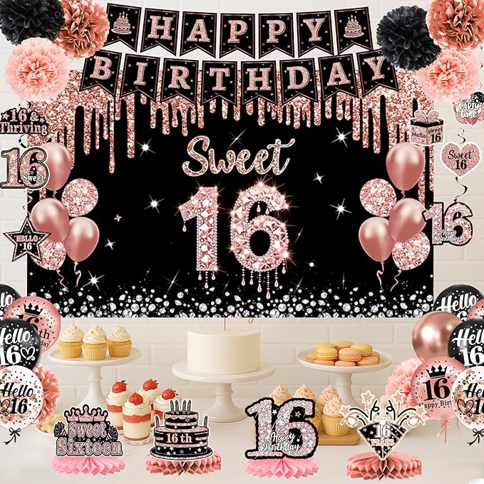 Sweet 16 Party Decorations – 16th Birthday Decorations Backdrop, Banner, Honeycomb Centerpieces, Hanging Swirls, Foil & Latex Balloon, Cake & Cupcake Toppers, Sash, Pom Poms