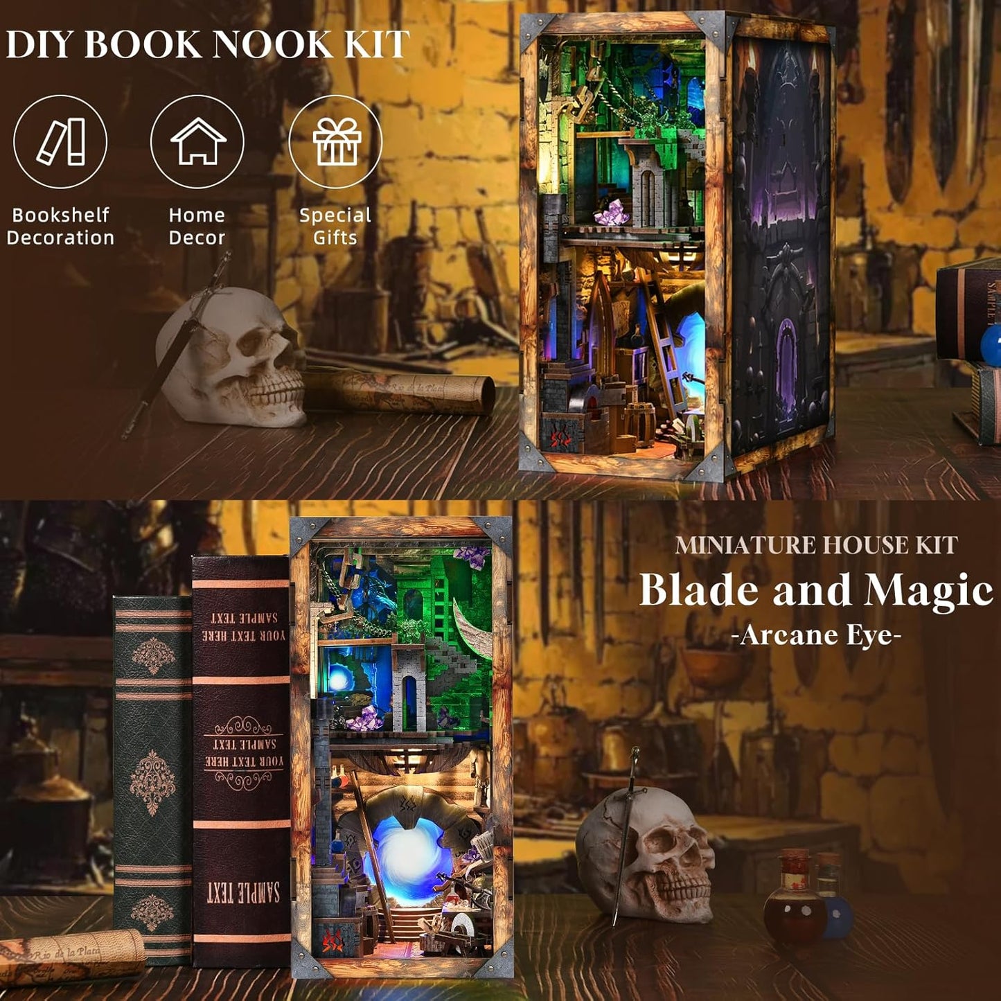 Book Nook Kit, DIY Miniature House Dollhouse Kit for Adults and Teens, Booknook Tiny House Bookshelf Decor (Blade and Magic)