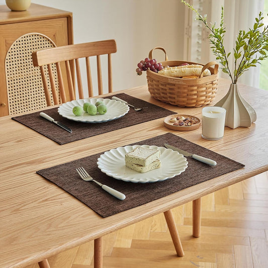 Softalker Faux Linen Placemats Set of 8-12 x 18 Inch, Heat Resistant Double Layered Durable Burlap Farmhouse Place Mats, Non-Slip Washable Rustic Table Mats for Dining, Kitchen, Party(Dark Brown