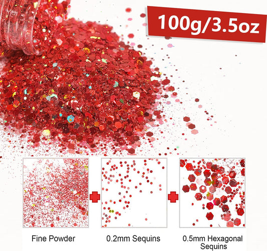 HEMOER Red Glitter, 100g/3.5oz Holographic Chunky Glitter Mixed Hexagon Chunky & Fine Flakes Iridescent Sequins for Epoxy Crafts, Resin, Nail Body, Tumblers, Festival Party