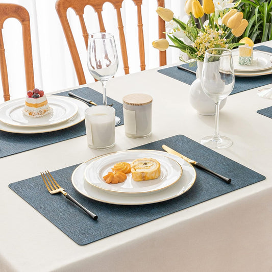 Romanstile Vinyl Placemats Set of 8-12 X 18 Inch - Heat Resistant Place Mats 100% Waterproof Oilproof Wipeable Reversible Faux Leather Table Mats for Kitchen/Dining/Party/Outdoor, Navy Blue