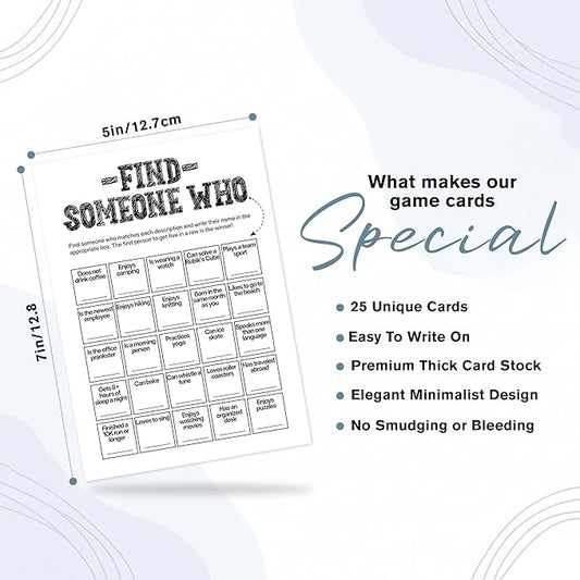 Sahjzk Office Bingo Cards, 25 Unique Randomized 5x7 Sheets, Get to Know You Bingo Game for Adults, Ice Breaker Office Party Games, Team Building Games for Work, High Replay Value - A05