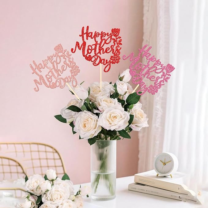 12 PCS Happy Mother's Day Centerpiece Sticks Double Sided Glitter Rose Love Best Mom Centerpieces for Happy Mother's Day Theme Table Flower Decorations Women Birthday Party Supplies Multi