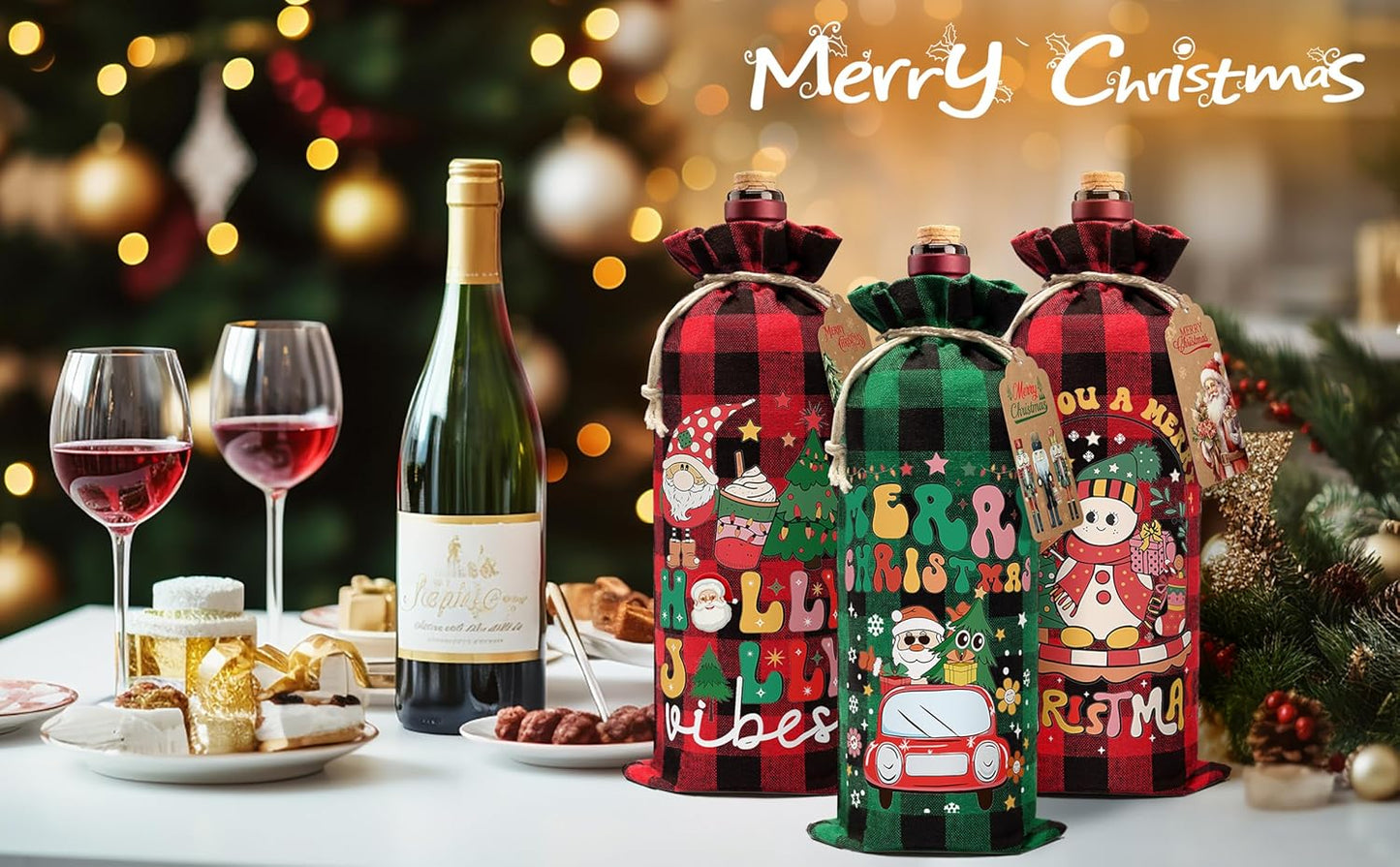 24PCS Burlap Wine Bag Christmas Wine Gift Bags, Drawstring Retro Christmas Bottle Cover Gift Bag w/ Tag, Buffalo Plaid Wines Bags for Bottles Gifts Reusable Bottle Covers for Xmas Holiday Party Decor
