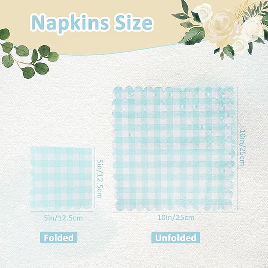 100 Pcs Blue Napkins Scalloped Plaid Cocktail Napkins Folded 5 x 5 Inches Disposable Napkins for Wedding Birthday Party