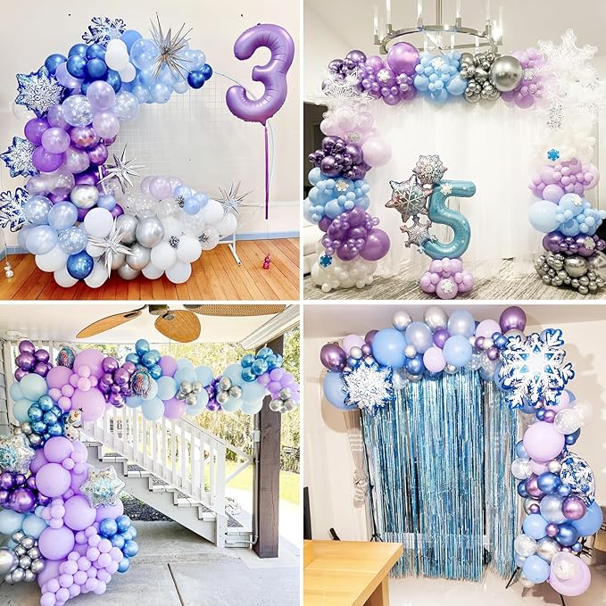 Blue and Purple Balloons, 60pcs 12Inch Macaron Metallic Blue Purple Snowflake Confetti Latex Balloons with Ribbon for Girls Party Snowflake Ice Snow Theme Birthday Party Decoration