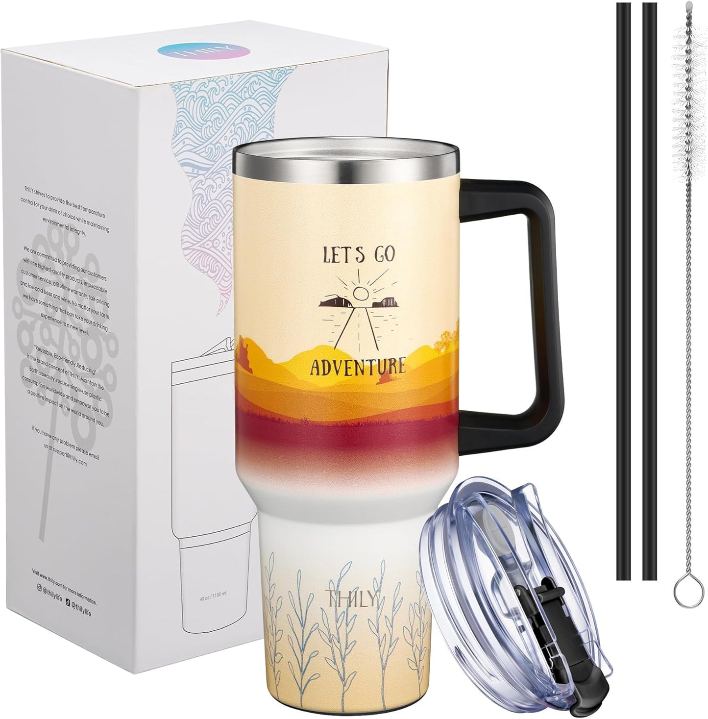 THILY 40 oz Stainless Steel Tumbler with Handle - Vacuum Insulated Travel Cup, Splash-Proof & Leakproof Lid, 2 Straws & Brush | Keeps Cold 34H/Hot 12H, Cupholder Friendly, Adventure