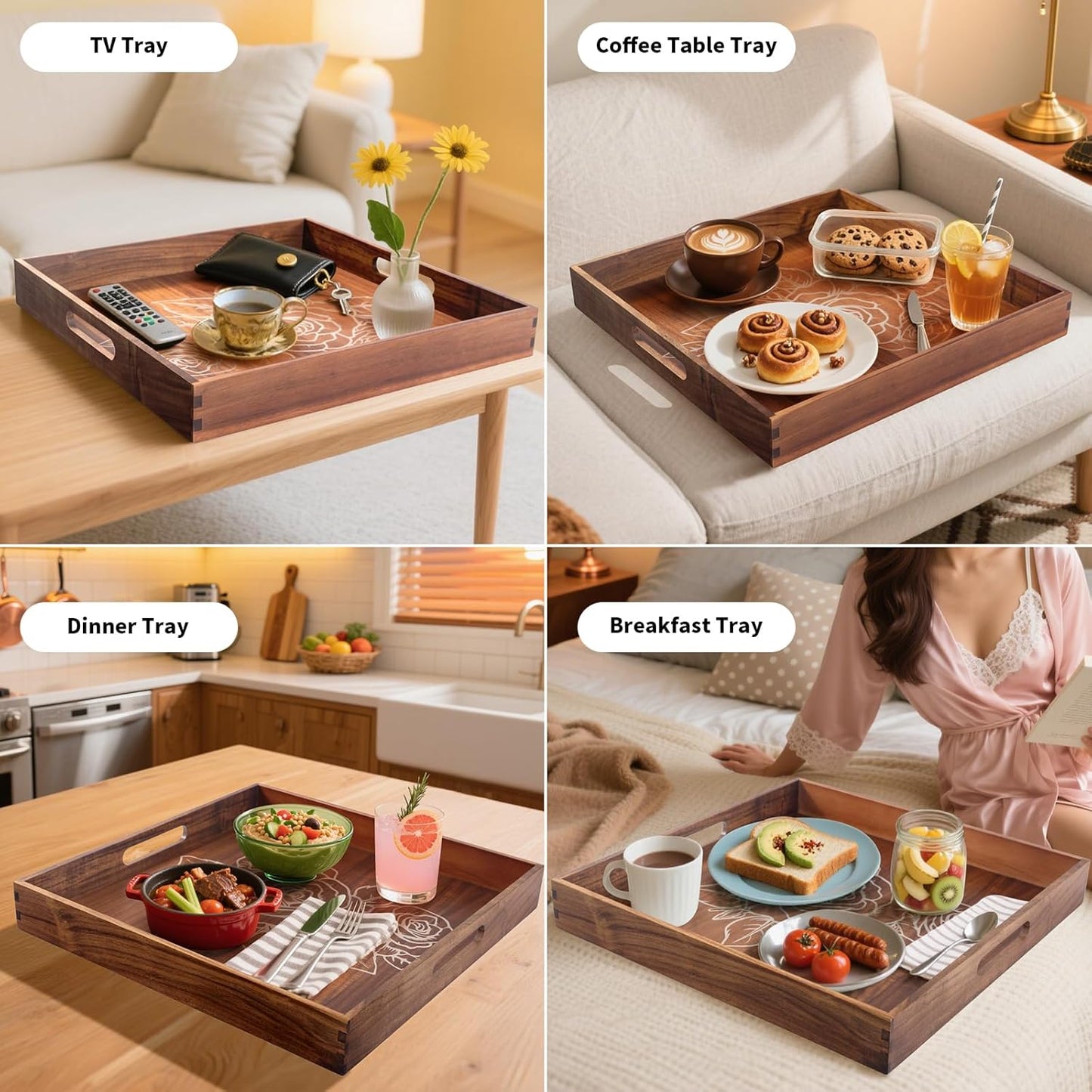 Ottoman Tray with Handles, 20 Inches Acacia Wood Serving Tray, Extra Large Tray for Ottoman Decorative Trays Serving for Living Room for Decorative, Coffee Table, Breakfast in Bed, Appetizers