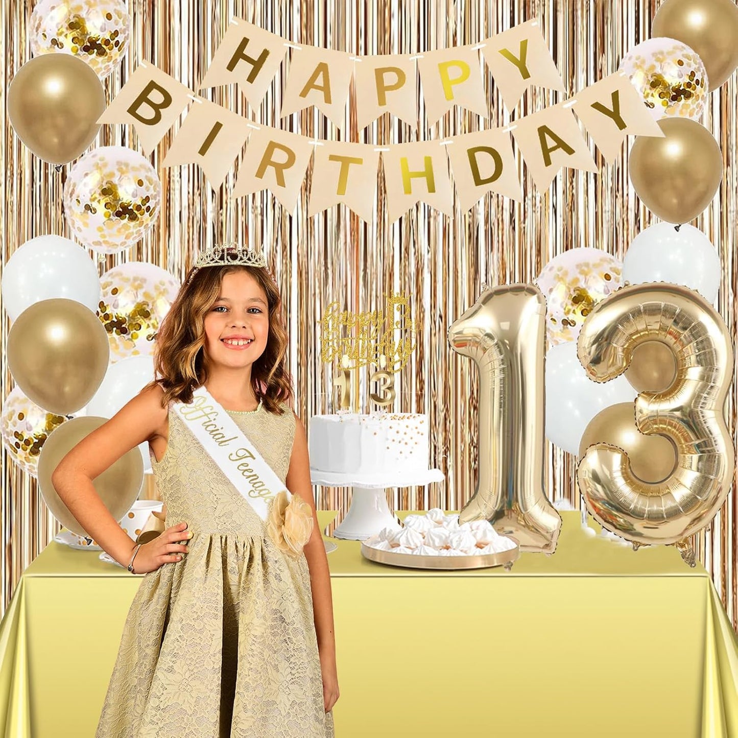 Trgowaul 13th Birthday Decorations for Girls, Banner, Sash and Crown, Cake Topper, 13 Number Balloon, Fringe Curtains, Champagne Gold 13 Birthday Party Supplies