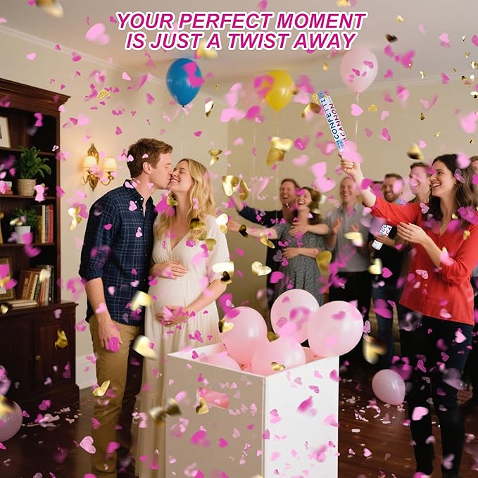 2 Pack Gender Reveal Confetti Cannon, 12 in Pink Round shaped Paper Party Poppers Cannons, Confetti Poppers For Baby Girl Gender Reveal Baby Showers (Heart, Pink)