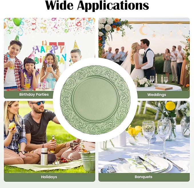 100 Pcs Green Round Charger Plates Bulk, 13 Inch Antique Charger Plate Set Plastic Embossed Dinner Plate for Wedding, Antique Chargers Plates Bulk for Dinner Tabletop Setting Decor (Green)