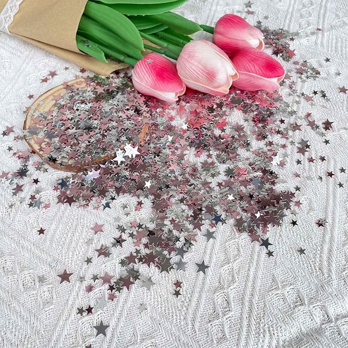 WEIKA 60g Star Confetti Glitter Star Table Confetti, Metallic Foil Star Glitter, Table Decorations for Party Wedding birthday graduation Decorations(Glitter Rose Gold and Silver Set, 10mm and 6mm)