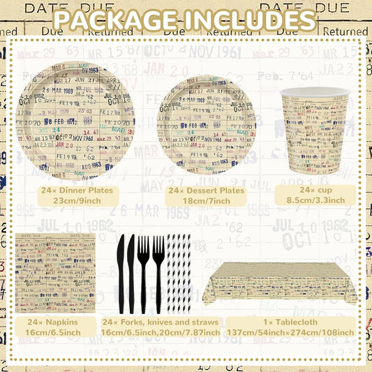 169 Pcs Due Date Card Book Party Supplies for Girls Boys Club Vintage Beverage Baby Shower Party Decorations Napkins and plate Book Lovers Gifts or Reading Themed Dinnerware for 24 Guests