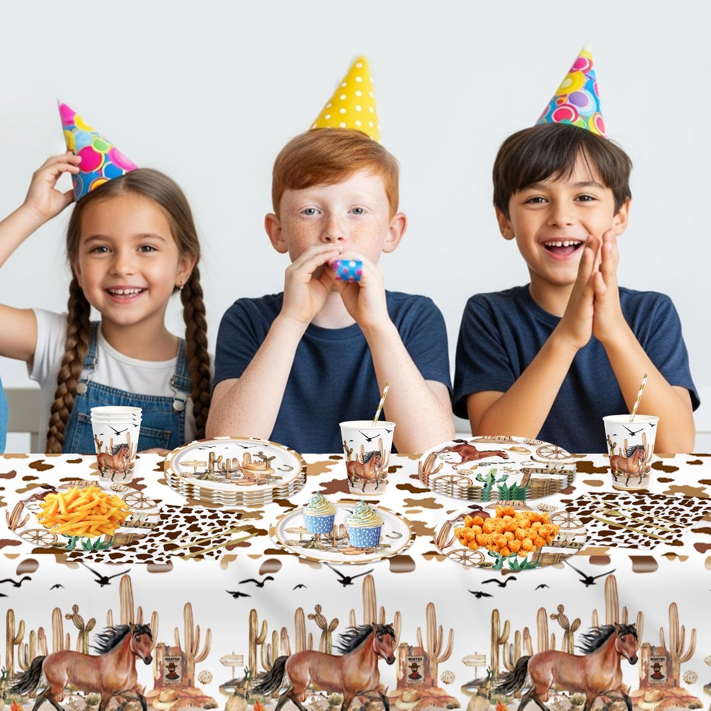 141pcs Cowboy Party Decorations,Cowboy Party Disposable Tableware Includes Dinner Plate Dessert Plate Paper Napkin Cup Knife Fork Straws Tablecloth Western Cowboy Baby Shower Supplies set