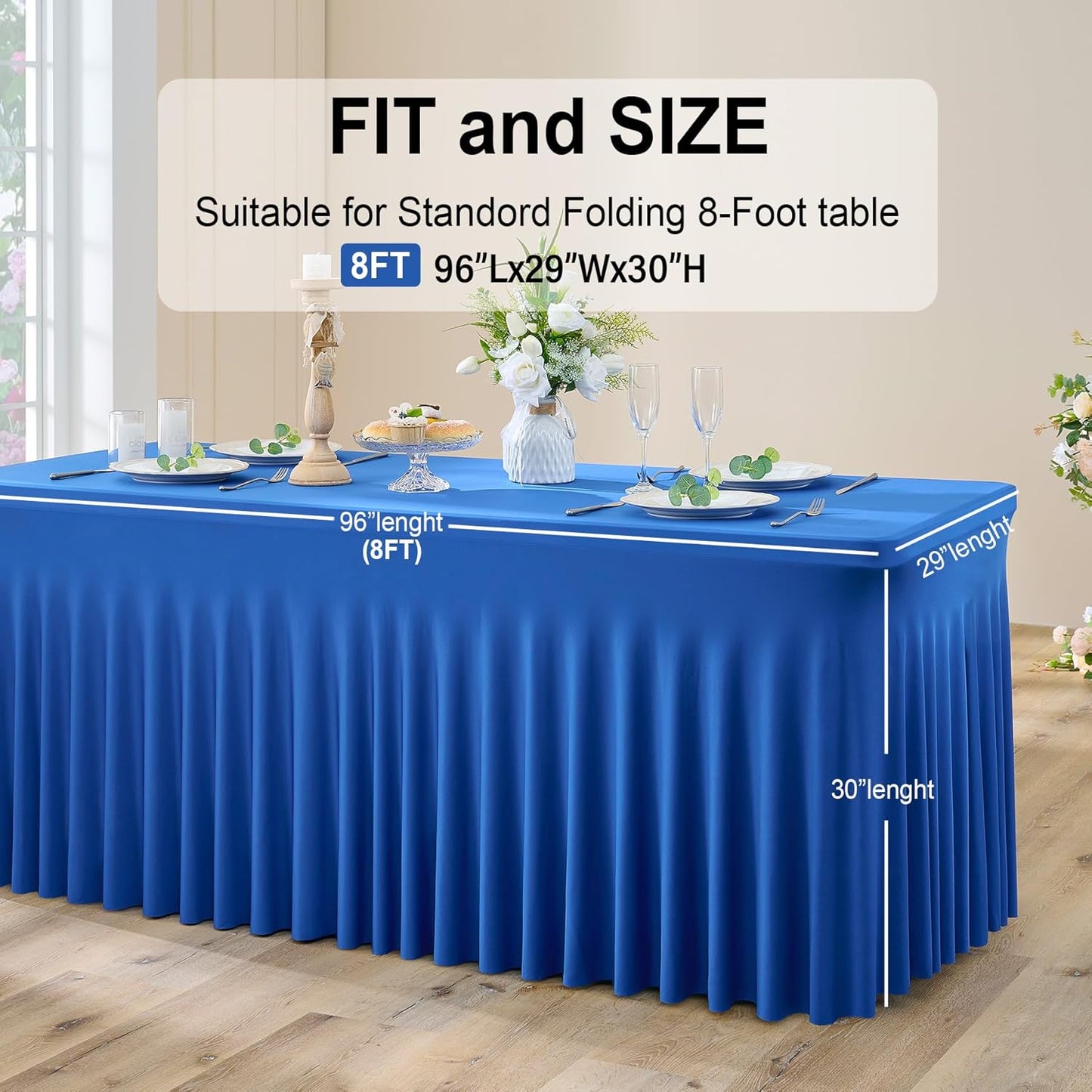 Outpain 8ft Spandex Table Cloth for Standard Folding Tables-4Pack Royal Blue Table Cloth Table Protector for Party, Wedding, Cocktail, Banquet, Festival
