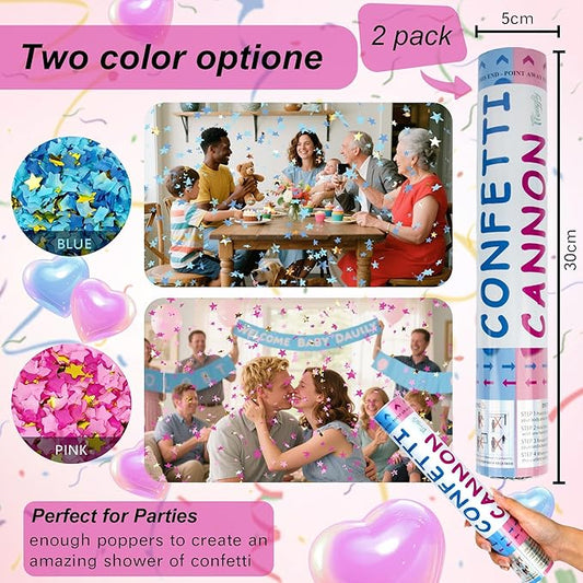 2 Pack Gender Reveal Confetti Cannon, 12 in Pink Star shaped Paper Party Poppers Cannons, Confetti Poppers For Baby Girl Gender Reveal Baby Showers (Star, Pink)