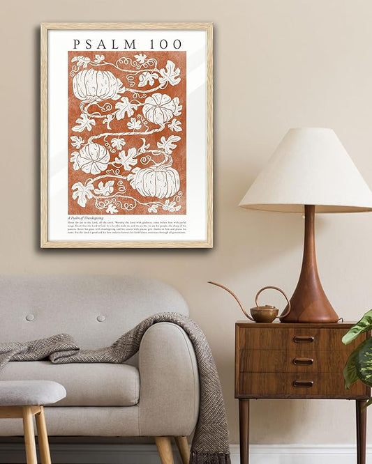 EcoHest Fall Botanical Pumpkins Framed Wall Art, Large 16x20 in OAK Wood Christian Psalm 100 Canvas Wall Art, Beige Logs A Psalm of Thanksgiving Home Decor Set of 1 for Bedroom Living Room