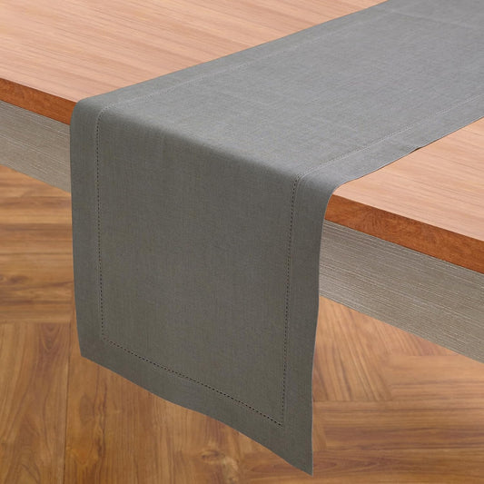 Solino Home Linen Steel Gray Hemstitch Table Runner 48 Inches - 100% Pure Linen Small Table Runner 14 x 48 Inch Ideal for Dresser and Coffee Tables - Classic Hemstitch - Fall, Autumn, Halloween
