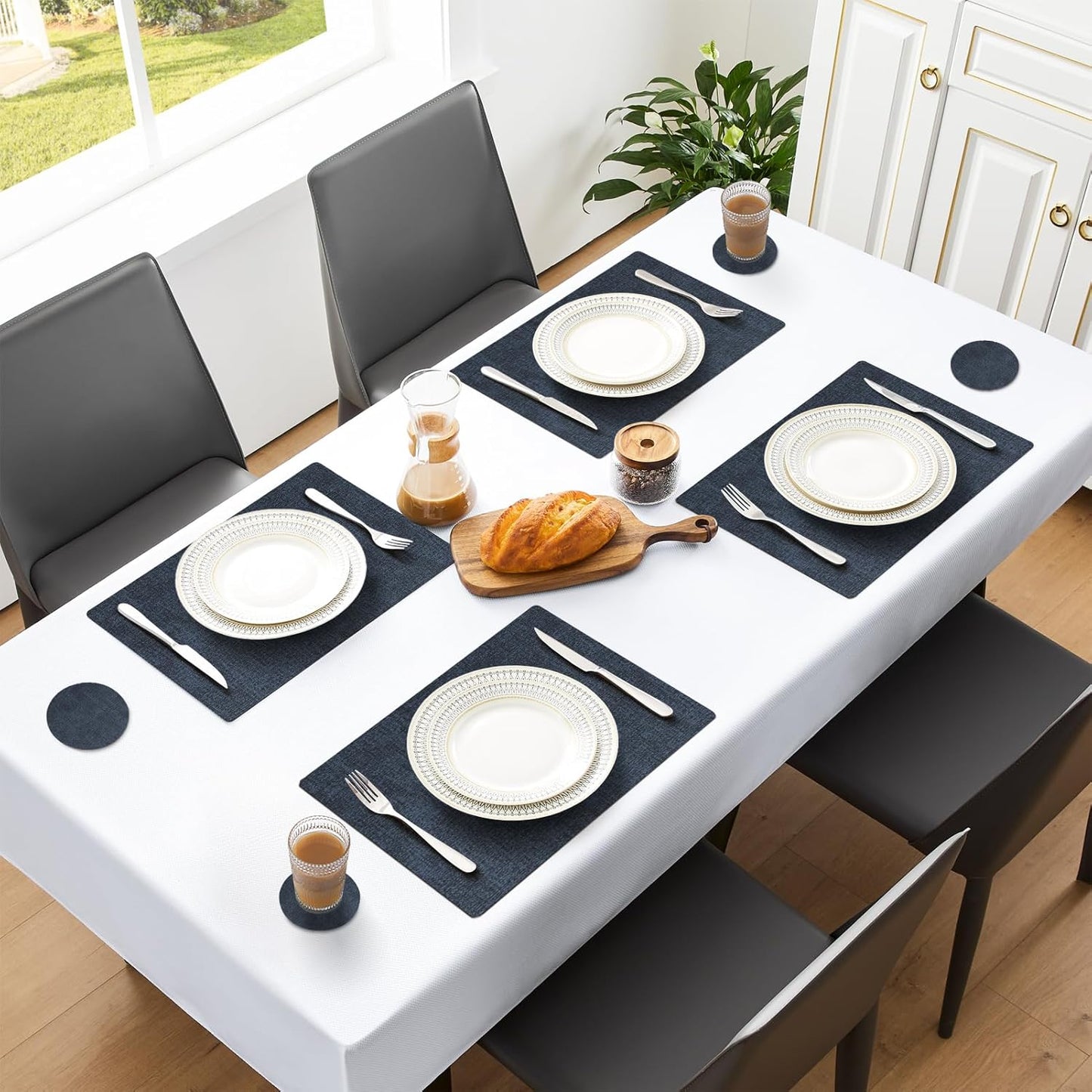 MOSAYT Faux Leather Placemats Set of 12, Heat Resistant Vinyl Place Mats with Coasters, Wipeable Washable 100% Waterproof Oil Proof Table Mats for Kitchen Dining Indoor Outdoor, 12" x 18", Navy Blue