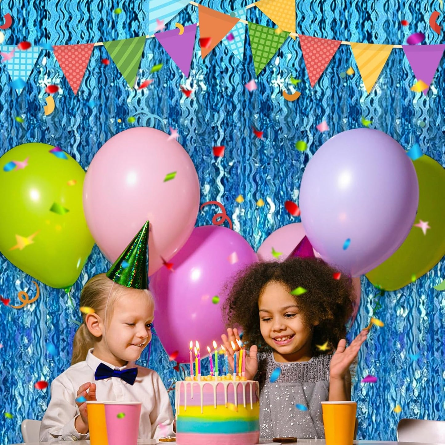 4 Pack Lake Blue Fringe Curtain Backdrop 3.2Ft x 8.2Ft Metallic Tinsel Foil Fringe Streamers Background for Photo Booth Mother's Day, Easter, Carnival, Birthday, Wedding Party Decoration