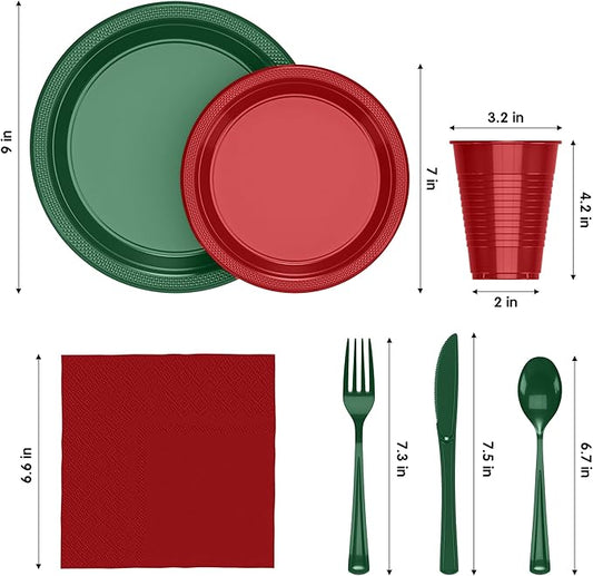 350 Pcs Christmas Plastic Plates For Party, Red & Green Disposable Plates Set, 50 Of Each 9" Dinner Plate Set, 7" Dessert Plate, Cups, Napkins & Cutlery Plastic Dinnerware Exquisite