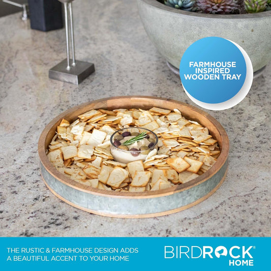 BIRDROCK HOME Wooden & Iron Chip Dip Serving Tray w/Glass Dip Bowl | Extra Large Decorative Kitchen Platter | Salsa, Guacamole, Veggies, Cheese | Decor for Coffee Table, Dining & Living Room - Round