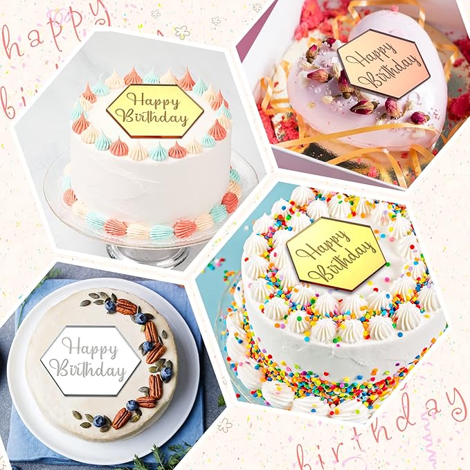 Qunclay 30 Pcs Happy Birthday Acrylic Cake Toppers, Mirror Acrylic Cupcake Toppers, 3 Multi-shape & Gold Rose Gold Silver Cupcake Picks for Birthday Party Pastries Decor DIY Supplies(Hexagon)