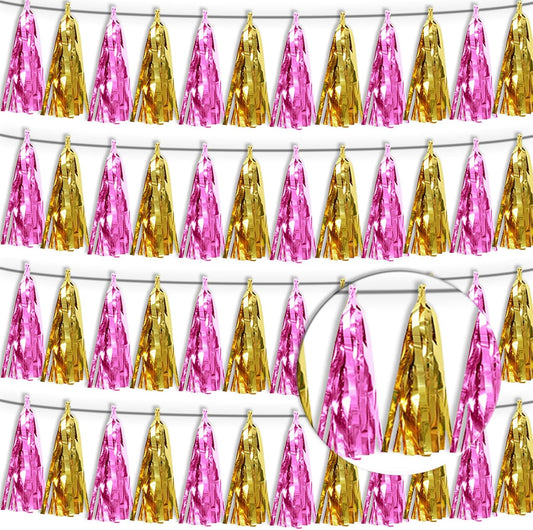 4P Gold Pink Tassel Banner Garland Metallic Foil Fringe Banner Tinsel Tassels Streamer Banner Backdrop for Parade Floats, Graduation, Wedding, Bachelorette, Birthday, Retirement Party Decorations