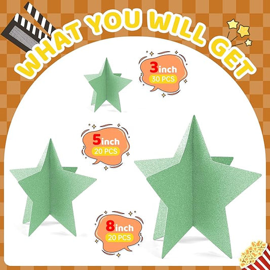 70 Pcs Star Centerpieces for Table Green Birthday Party Decorations 3D Green Party Graduation Poms Decoration Stars Table Decor Boho Decoration for Women Girls