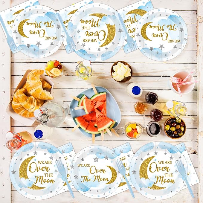 96Pcs Moon and Stars Party Paper Plates and Napkins Blue Moon Celestial Baby Shower Party Supplies Tableware Gender Reveal Little Star Birthday Disposable Plates for Birthday Gatherings Decorations