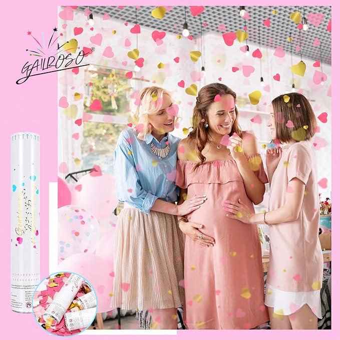 Gender Reveal Confetti Cannon,4 Pink Paper Connon Safty Party Poppers Shoots 20-25ft,12 inch Upgrade Firmware Baby Shower Gender Maternity Shoots Reveal Party Supplie