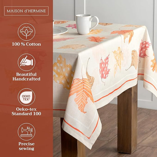 Maison d' Hermine Table Cloth Rectangle Table 100% Cotton 60 x 108 Inches Fall Tablecloth Reusable Everyday Use for Thanksgiving Christmas Decorations Dining Farmhouse Party (Colours of Autumn)