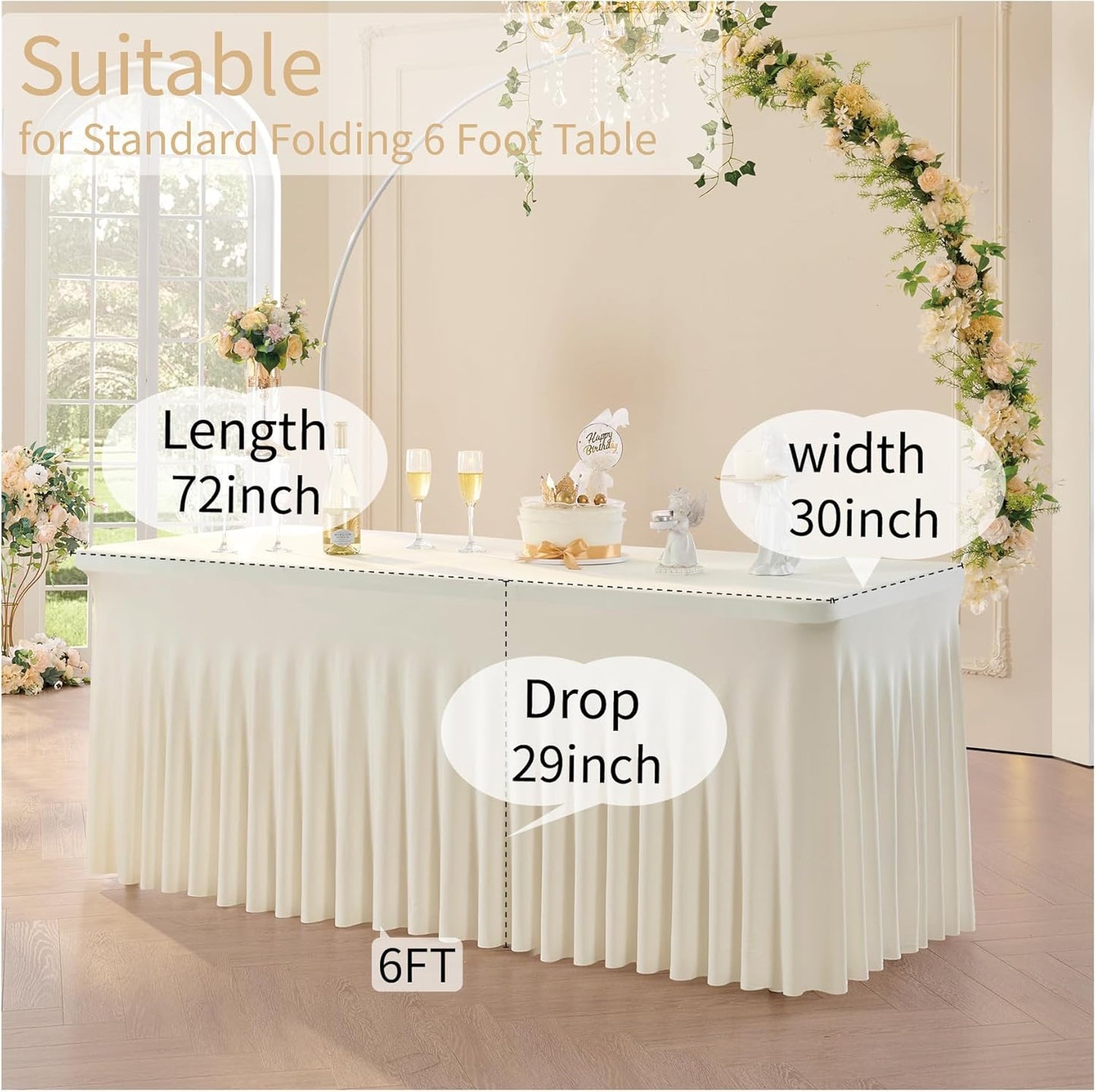 Outpain 6ft Spandex Table Cloth for Standard Folding Tables-6Pack Ivory Table Cloth Table Protector for Party, Wedding, Cocktail, Banquet, Festival