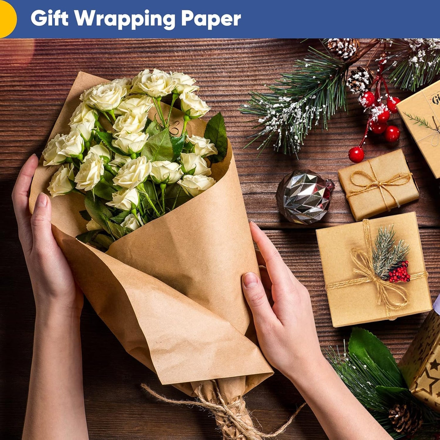 Vanhench Brown Wrapping Paper, Craft Paper, Kraft Paper 17.5"x 1800"(150'), Gift Wrapping Bulletin Board Arts & Crafts, Bouquet Flower Table Covering Poster Packing Shipping Moving Supplies 65GSM 45LB