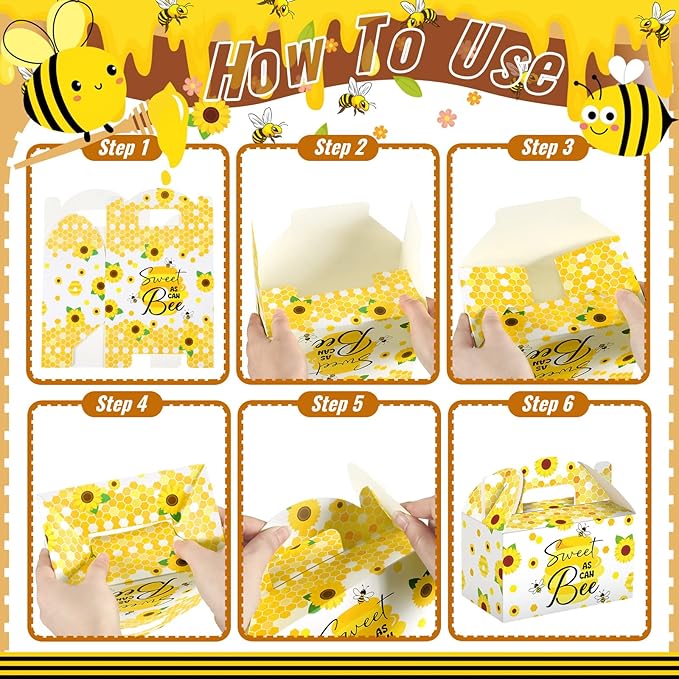 24 Pcs Bee Candy Boxes with Handles Bee Party Favors Treat Boxes Goodie Bags Candy Gift Bags for Birthday Party Baby Shower Wedding Supplies