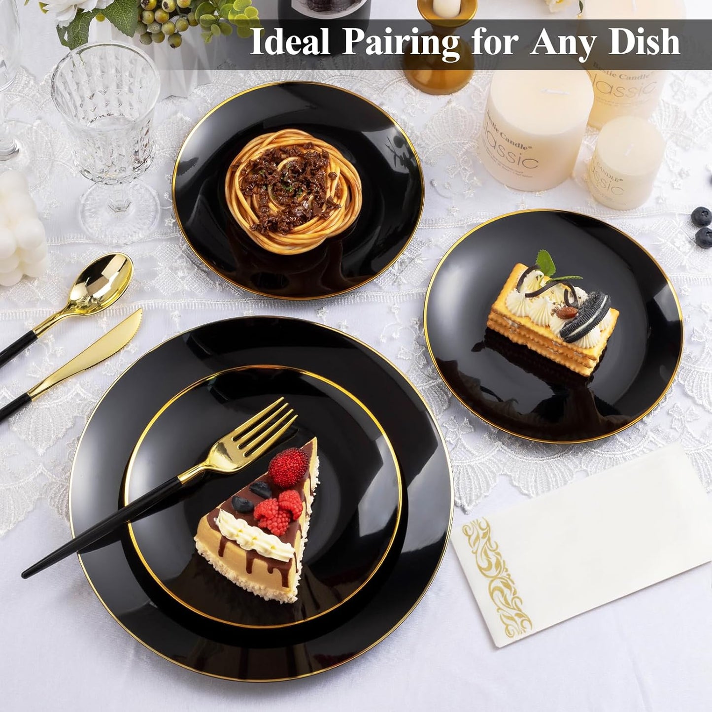 175 Pieces Black Gold Plastic Dinnerware Set, Gold Disposable Plates for Party, Include 50 Black Plates with 75 Plastic Cutlery, 25 Napkins and 25 Cups