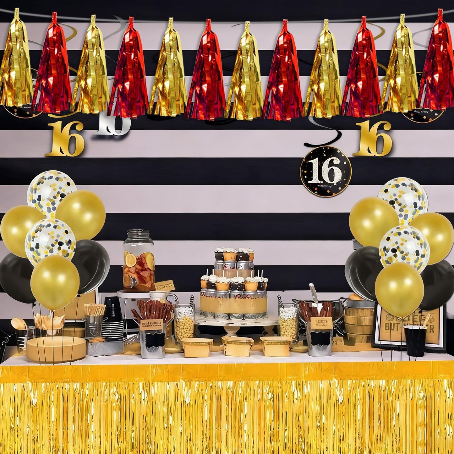 3P Red Gold Tassel Banner Garland Metallic Foil Fringe Banner Tinsel Tassels Streamer Banner Backdrop for Parade Floats Graduation Halloween, Christmas, Baby Bridal Shower Party Decorations