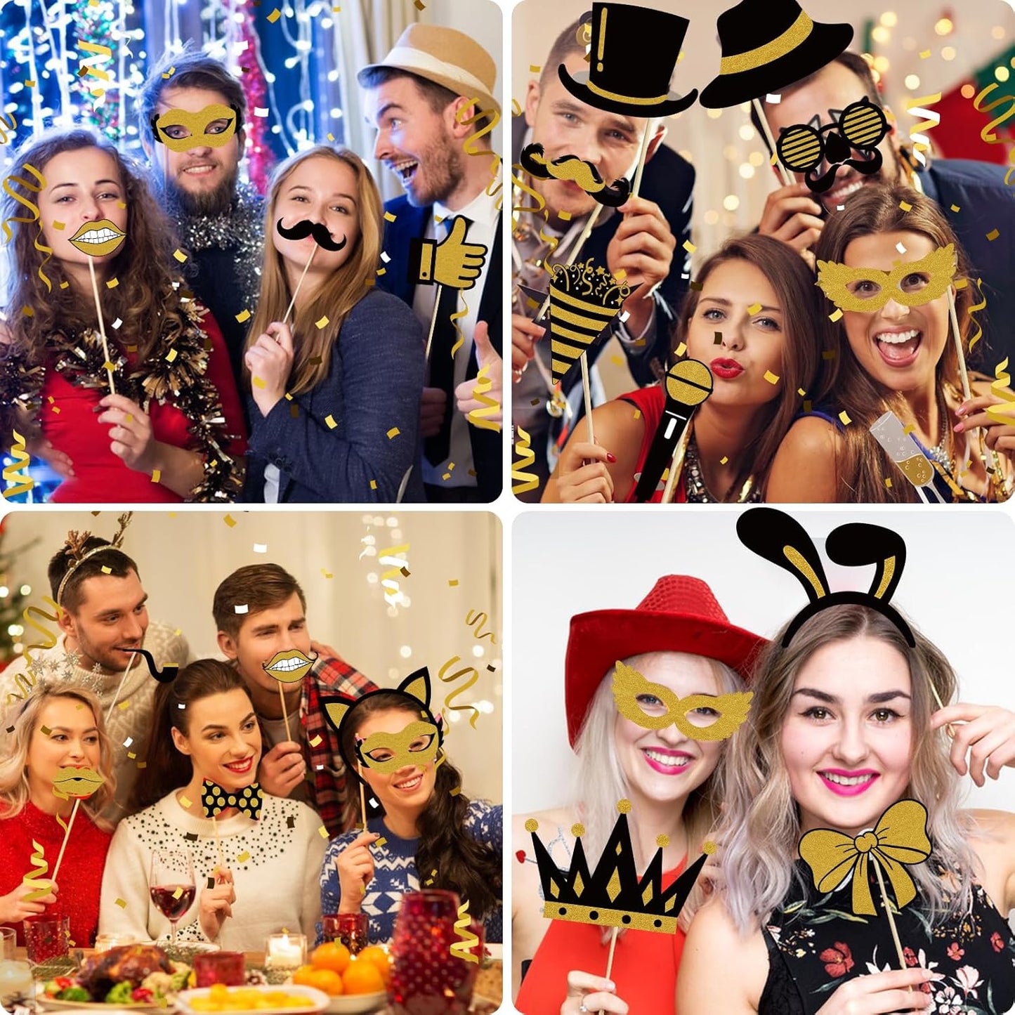 Photo Booth Props, Kaluofan 25PCS Black and Gold Party Decorations, Funny Photo Party Props Accessories for Adults and Kids, Photo Booth Props for Wedding Birthday Christmas New Year‘s Eve