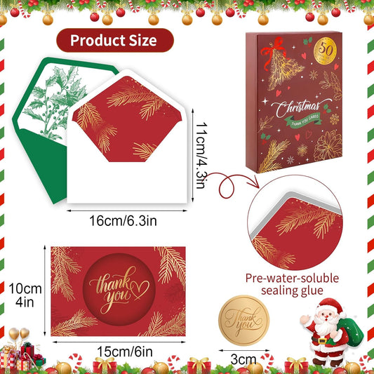 50 Pack Christmas Thank You Cards with Envelopes and Stickers, 5 Designs Foiled Christmas Cards, 4x6 Inch Holiday Thank You Card for Xmas, New Year