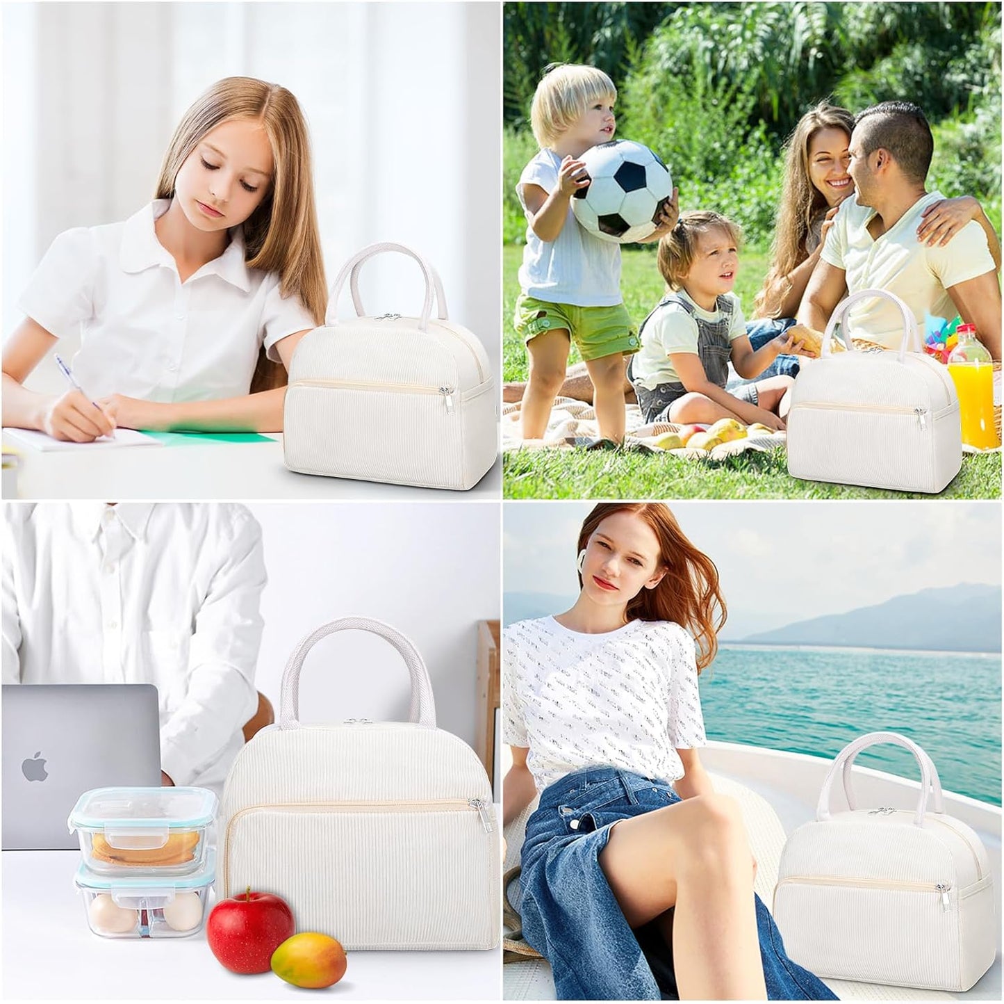 Coobiiya Lunch Bag for Women Men, Cute Corduroy Lunch Tote Bags Insulated Reusable LunchBox Large Capacity Cooler Bag for Work Travel Picnic