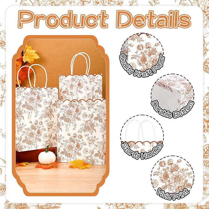 Kolldenn 24 Pcs Terracotta Floral Party Favor Bags with Handles 6.3x3.2x8.3 in Scalloped Wildflower Goodie Candy Gift Treat Bags for Birthday Decoration for Bridal Baby Shower Party Supplies