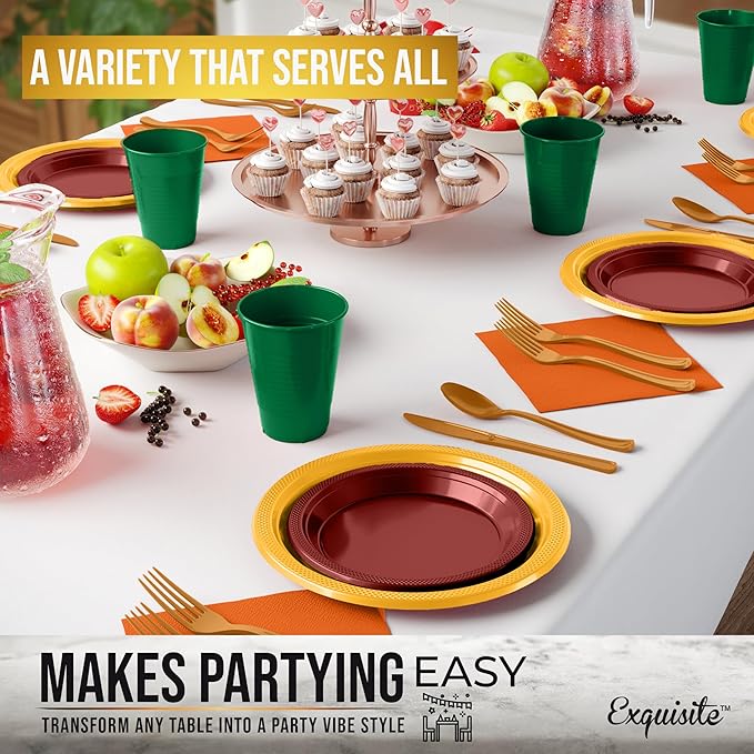 350 Pcs Thanksgiving Plastic Plates For Party, Thanksgiving Disposable Plates Set, 50 Of Each 9" Dinner Plate Set, 7" Dessert Plate, Cups, Napkins & Cutlery Plastic Dinnerware Exquisite