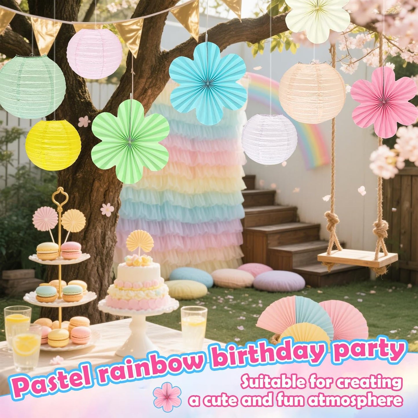 18Pcs Pastel Classroom Decor Kit, Pastel Paper Lanterns Paper Flowers Fans for Women Girls Spring Birthday Wall Baby Shower Wedding Party Rainbow Classroom Decorations