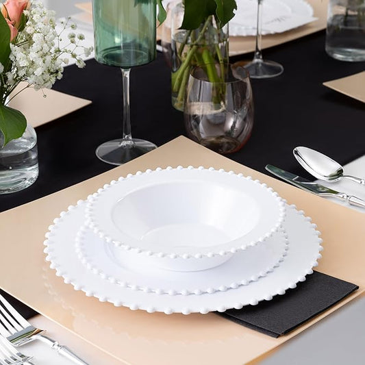 PLASTICPRO 32 Piece Plastic Dinner Plates Bowls Disposable Plastic Fancy Heavy Duty Party Dishes 12 oz White Bead Bowls