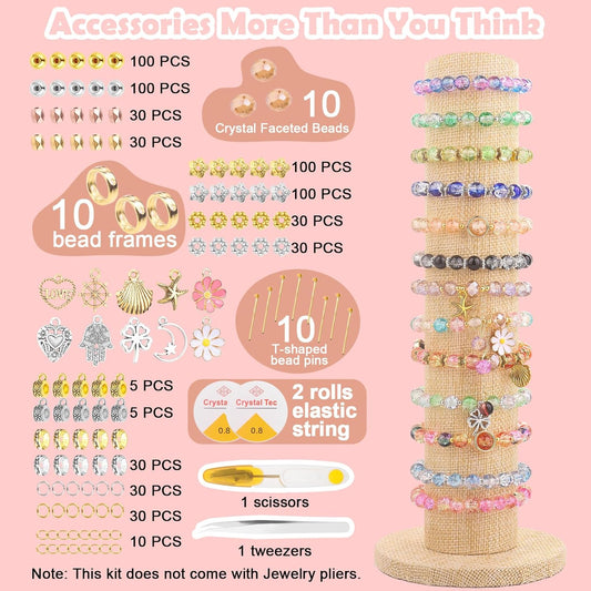 UFU 8mm Glass Beads for Jewelry Making, 1300+ Pcs 46 Colors Crackle Glass Beads Bracelet Making Kit, Round Crystal Beads for Bracelets Necklace DIY Crafts Gifts, Without Jewelry Pliers
