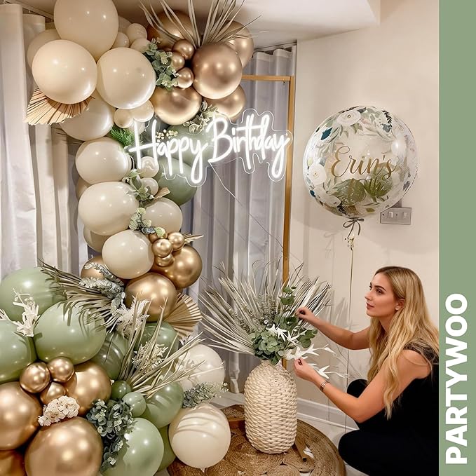 PartyWoo Pink and Green Balloons 65pcs 12 Inch Metallic Gold Sand White Sage Green Nude Dusty Pink Gold Confetti Balloons for Baby Shower Wedding Engagement Princess Birthday Party Decorations
