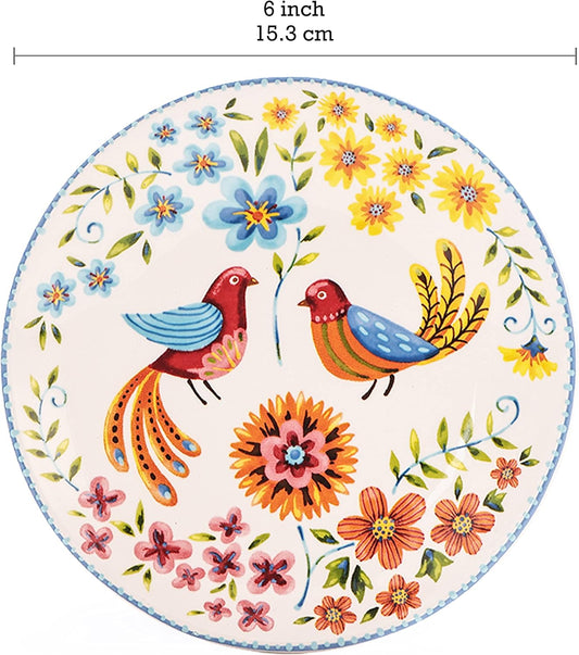 Bico Red Spring Bird Appetizer Plates Set of 6, 6 Inch Small Ceramic Dessert Plates for Snacks, Salad, Tablescape, Microwave and Dishwasher Safe, Gift for Housewarming and Thanksgiving