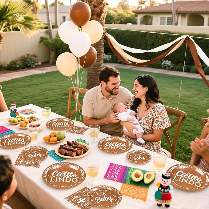 Grencian 96 Pcs Cielito Lindo Baby Shower Decorations Brown Mexican Theme Plates and Napkins Tableware Sets Cielito Lindo Decorations for Boys Girls Baby Shower Party Serves 24