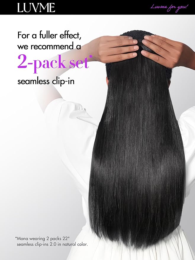 LUVME Silky Straight Seamless Clip in Hair Extensions 2 Pack 220g, 16 Inch Natural Black, 100% Real Remy Human Hair, Soft Full Volume, Easy Clip Ins for Daily Wear, Work, Parties & Weddings