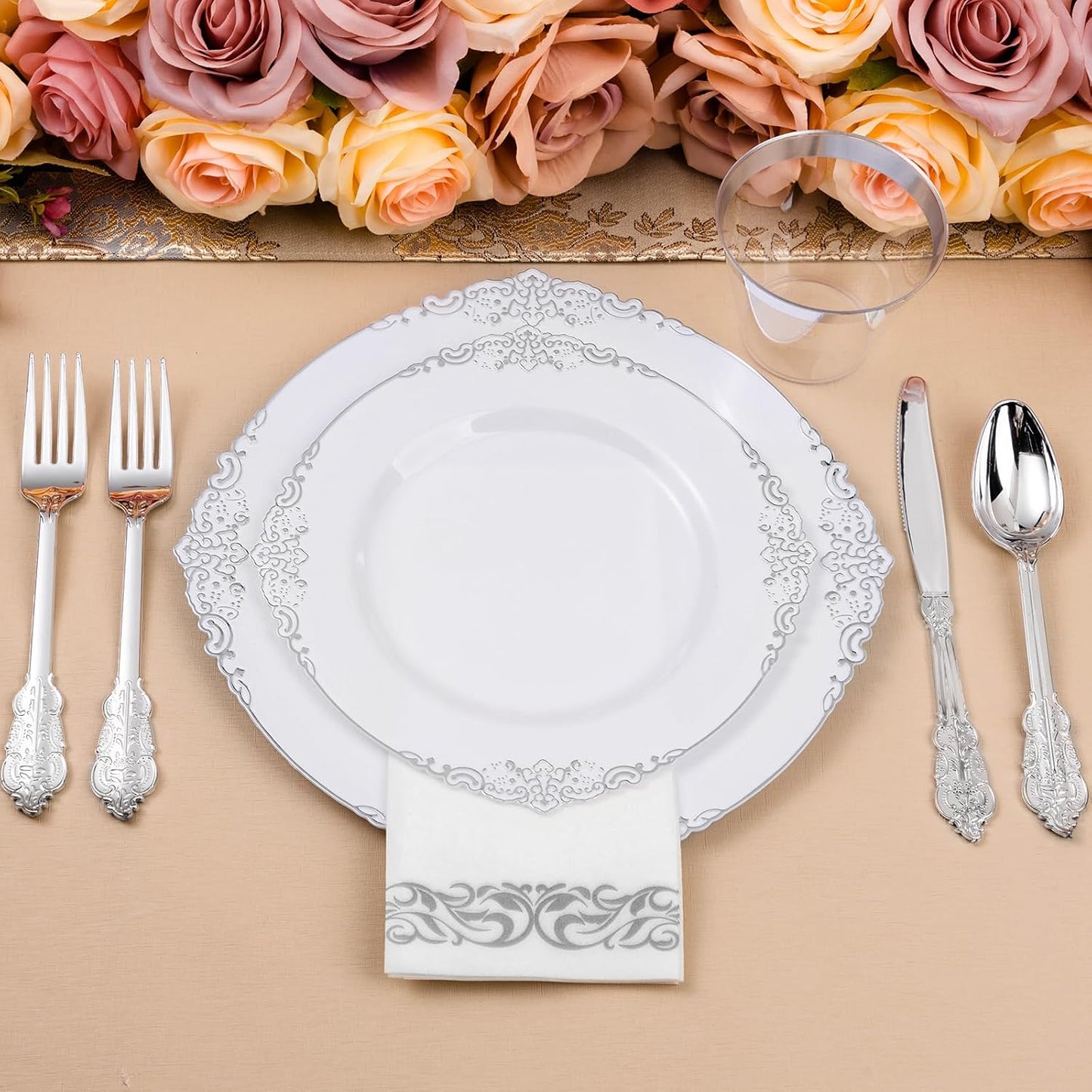 350PCS Silver Plastic Plates for 50 Guests, Disposable Dinnerware Set Includes 100 Disposable Plates, 150 Silver Silverware, 50 Cups, 50 Napkins for Party & Wedding
